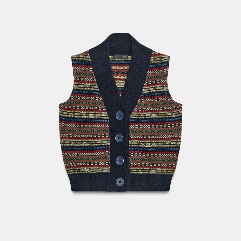 New Zara JACQUARD KNIT WOOL VEST